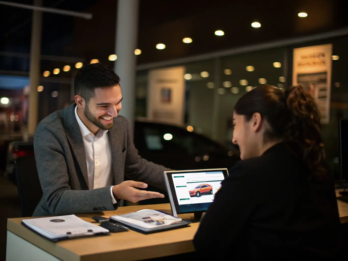 A friendly dealership staff member inspecting a car, with a clipboard and a smiling customer, set in a well-lit indoor environment, representing trade-in appraisals at Amiran Autos.
