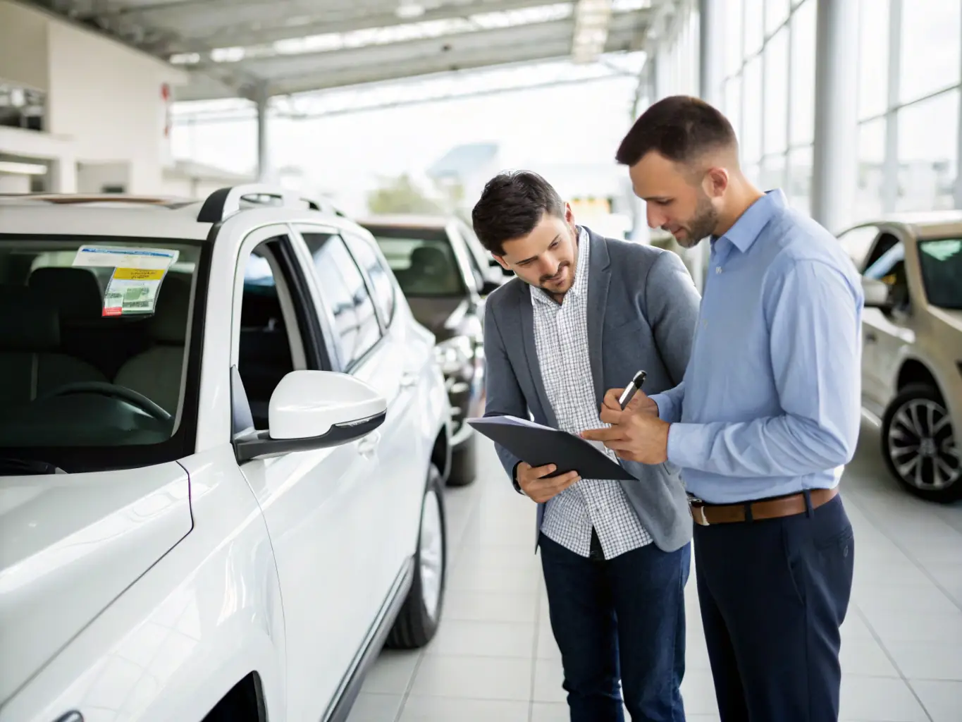 A dealership appraiser carefully inspecting a customer's car for trade-in, with a focus on professionalism and attention to detail.