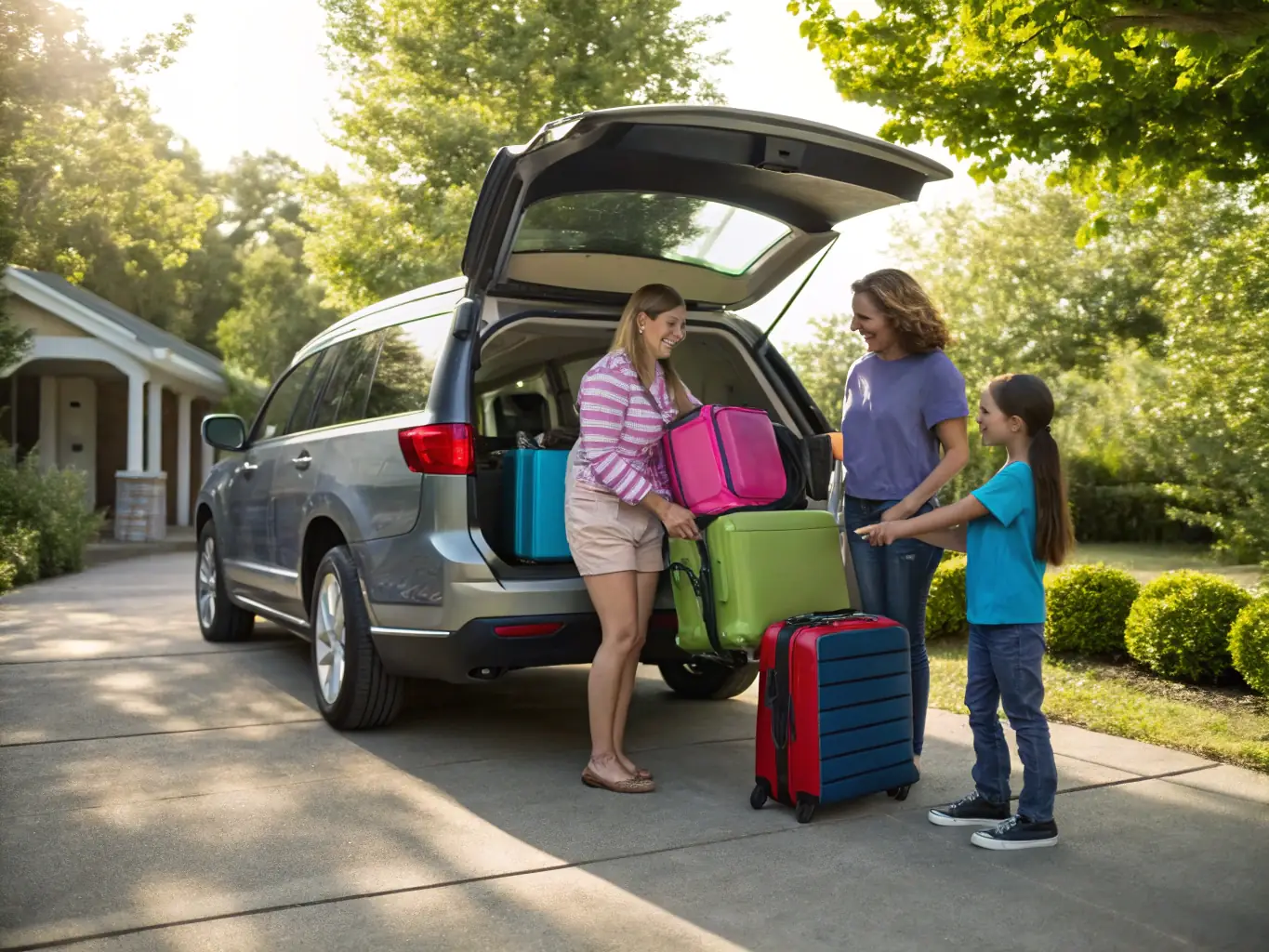 A family happily loading groceries into the trunk of a spacious SUV, parked in front of a suburban home, under a sunny sky, showcasing the practicality of family cars.