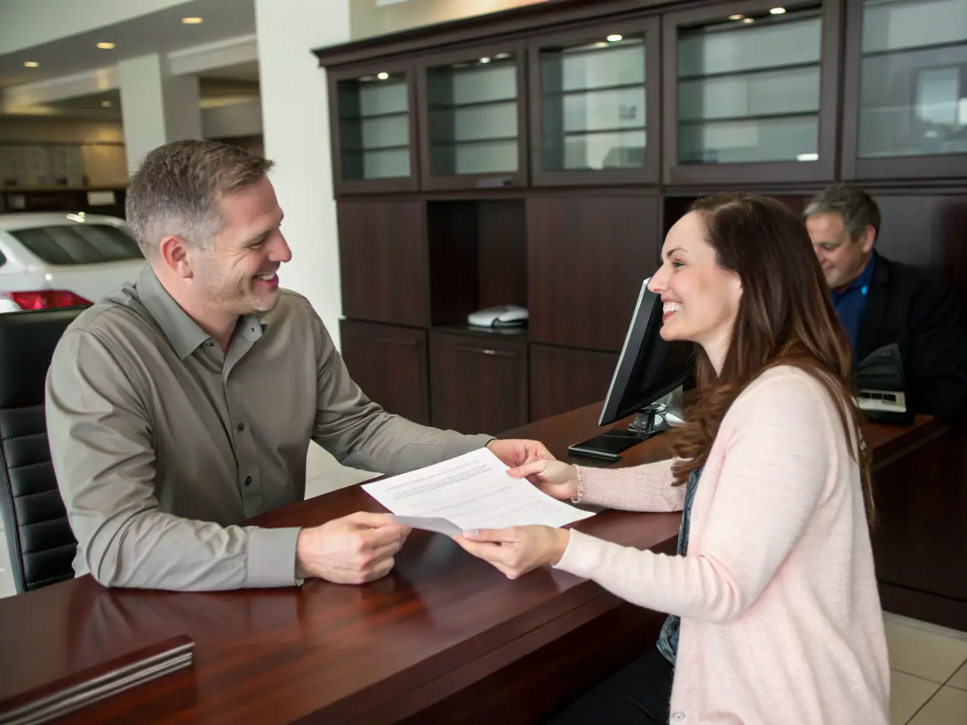 An image showing a customer signing paperwork with a finance officer, with a background of a modern office and a car in the background, representing financing options at Amiran Autos.