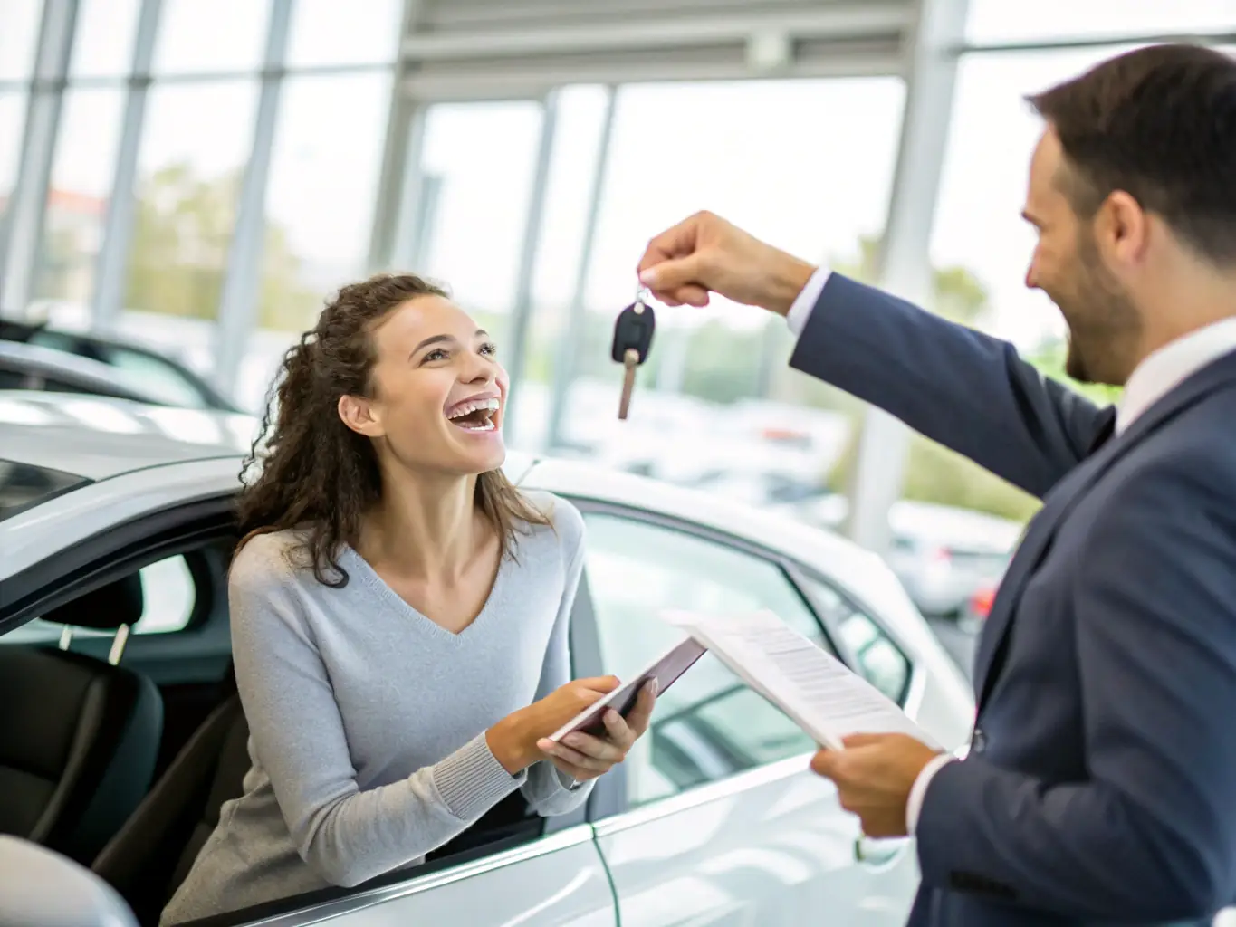 A smiling customer receiving keys to their new SUV from a salesperson at Amiran Autos, set against a backdrop of the dealership's service center.
