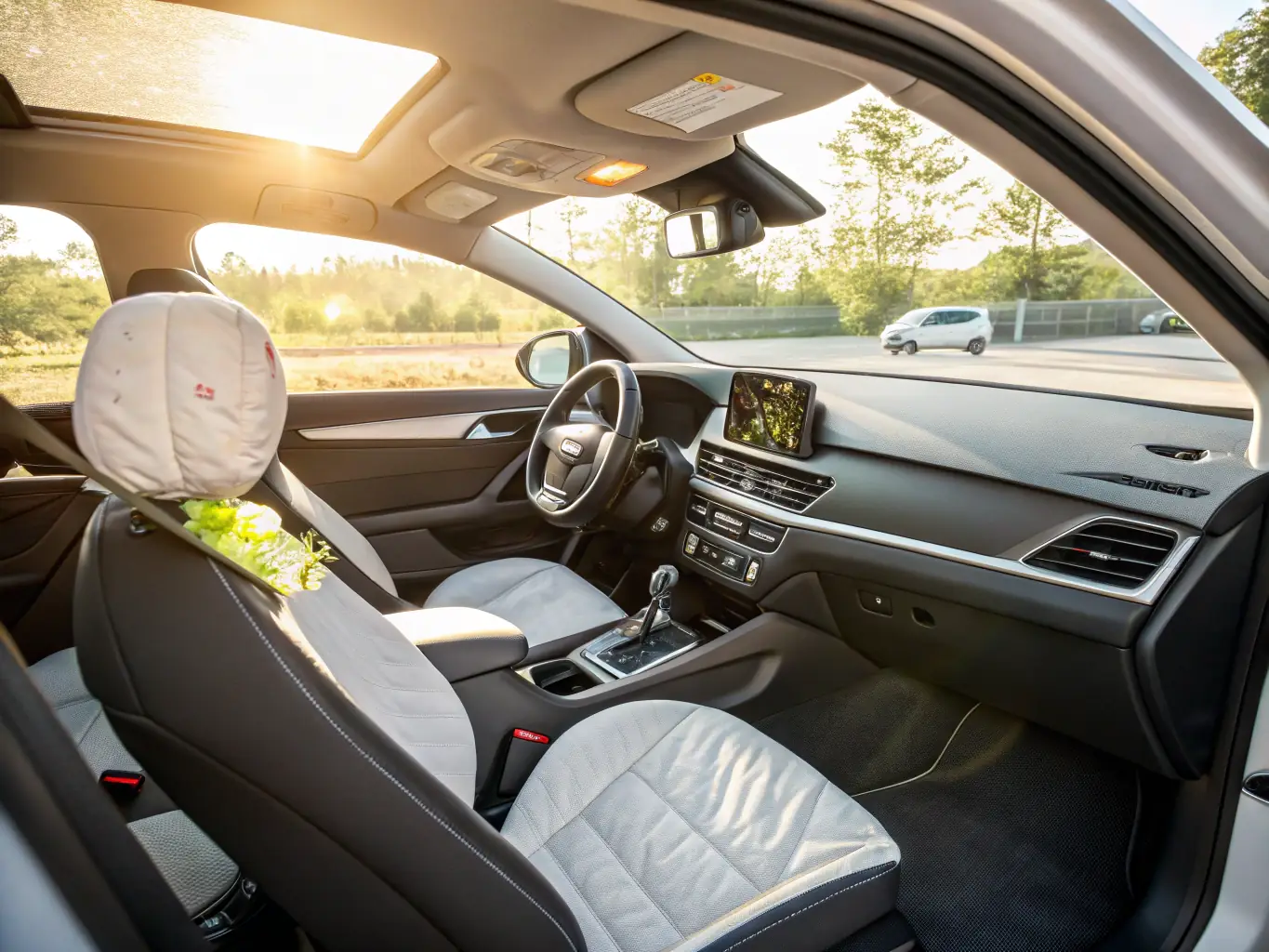 A family car with advanced safety features displayed on its dashboard, highlighting features like lane departure warning, automatic emergency braking, and adaptive cruise control.