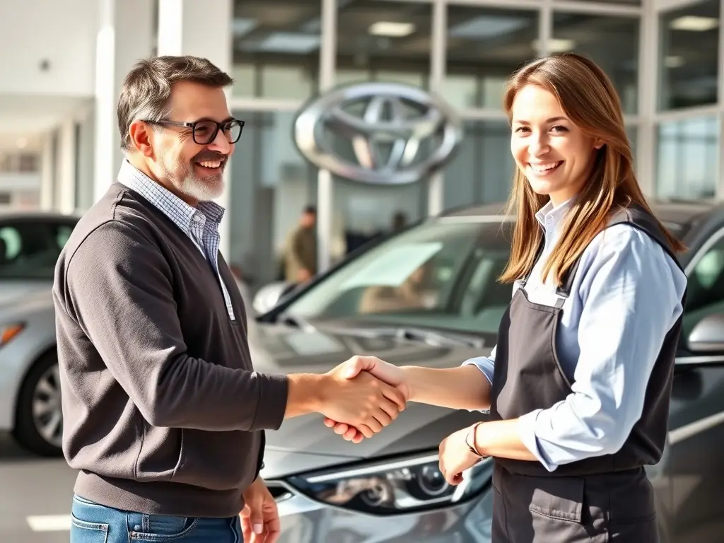 A friendly customer shaking hands with a salesperson in front of a modern SUV at Amiran Autos, symbolizing a positive and trustworthy buying experience.